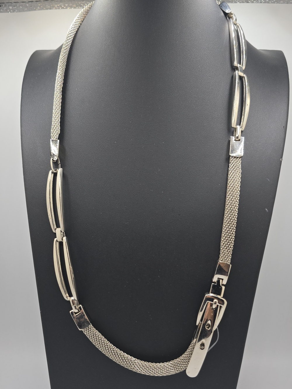 Mesh Chain Belt Buckle Necklace Adjustable Silver Tone Statement 28" Adjustable